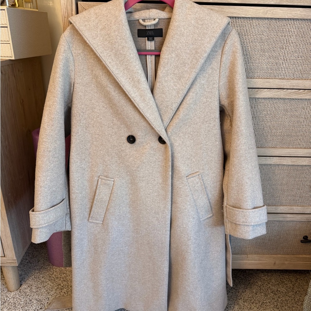 Zara Cream Double-Breasted Wool-Blend Trench Coat